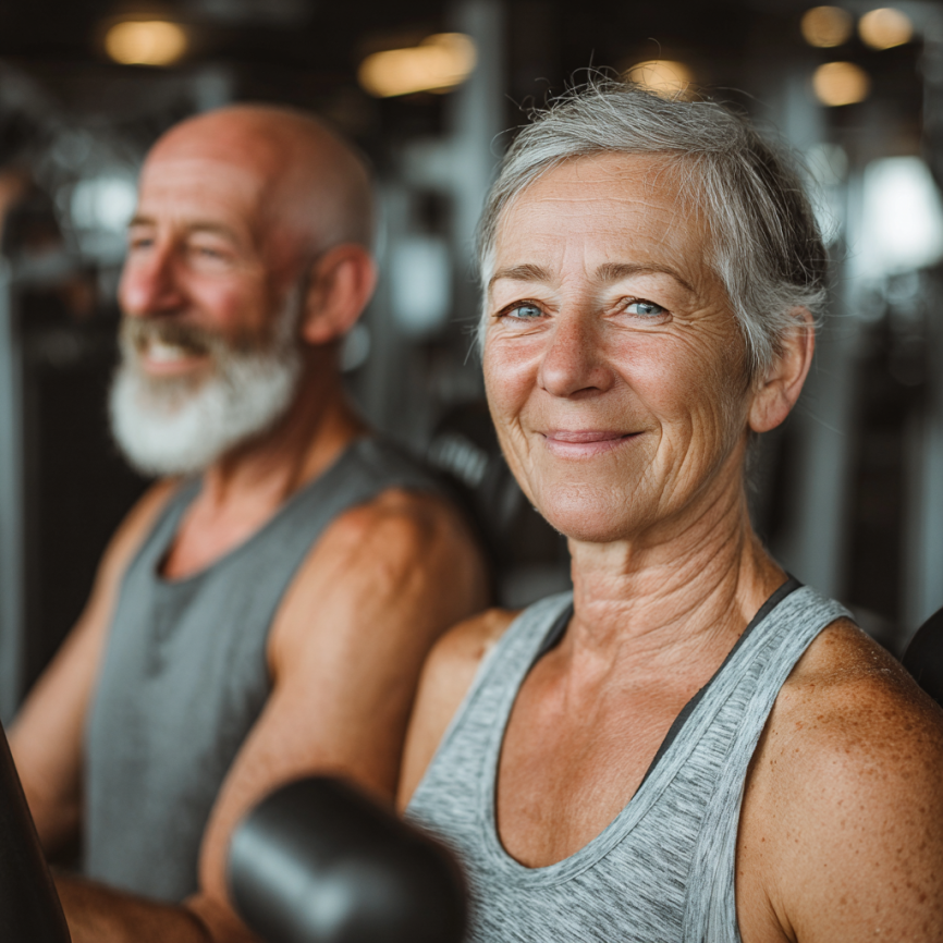 Група активних літніх людей під час заняття йогою